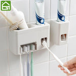 Hand Free Toothpaste Dispenser Automatic Wall Mounted Sticker 4 Toothbrush Holder Squeezer Bathroom Organizer Shelf