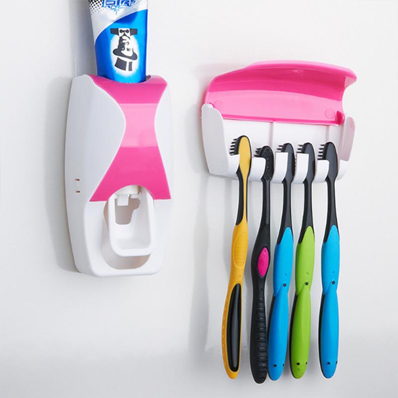 Fashion Home Bathroom Touch me Automatic Toothpaste Dispenser + 5pcs Toothbrush Holder Set Family Set Wall Mount Rack Bath