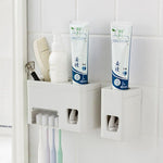 Hand Free Toothpaste Dispenser Automatic Wall Mounted Sticker 4 Toothbrush Holder Squeezer Bathroom Organizer Shelf