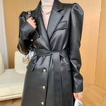 In The Long Leather Coat Women Over The Knee Strap Waist