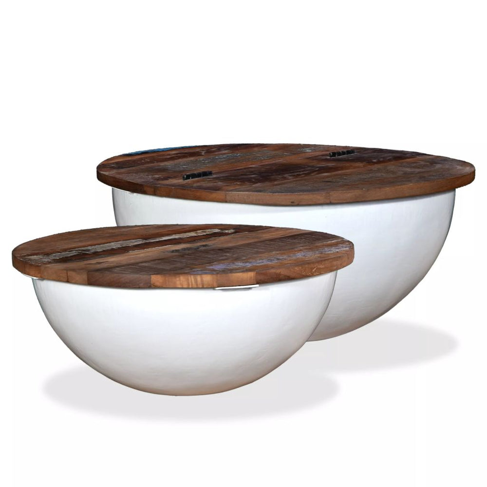 2 Piece Coffee Table Set Solid Reclaimed Wood Bowl Shape White/Black