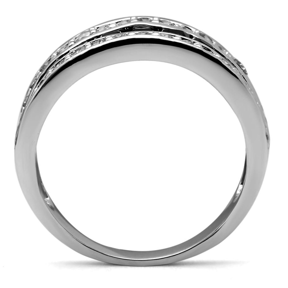 TK2872 - High polished (no plating) Stainless Steel Ring with AAA Grade CZ  in Black Diamond