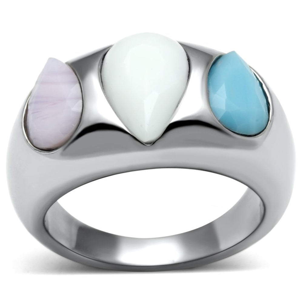 TK690 - High polished (no plating) Stainless Steel Ring with Synthetic Synthetic Glass in Multi Color